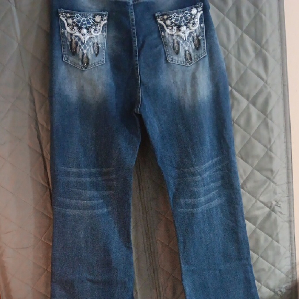 Blue Straight Leg Jeans with Ornate Embroidery